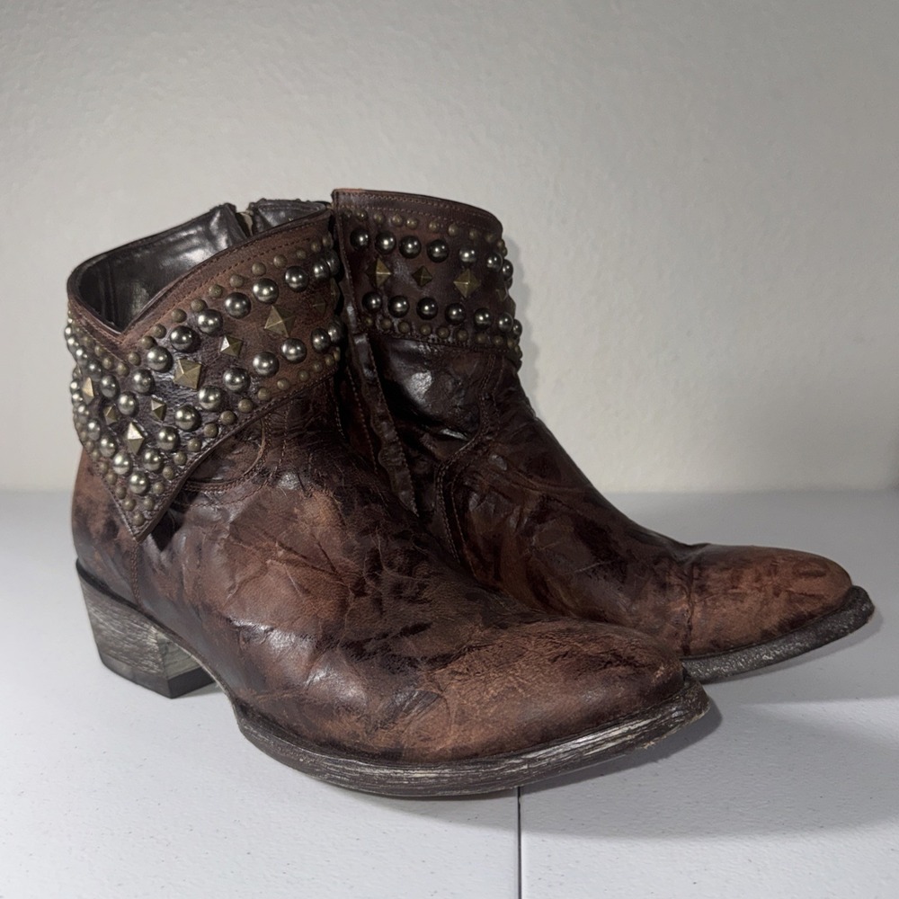 ⁠Old Gringo Mini Belinda Studded Brown Cowboy Ankle Boots 9.5 B⁠ Distressed BOHO